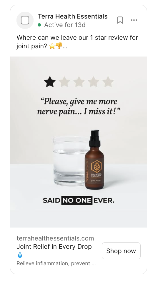 Visual example of a negative Testimonial/Quote/Review style Facebook Ad.